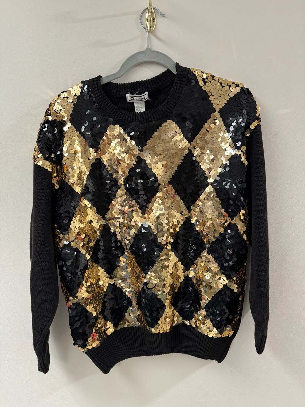 Vintage Christina Black and Gold Sequin Argyle Diamond Knit Pullover Sweater